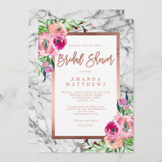 Floral Rose Gold Marble Wedding Bridal Shower Invitation (Front/Back)