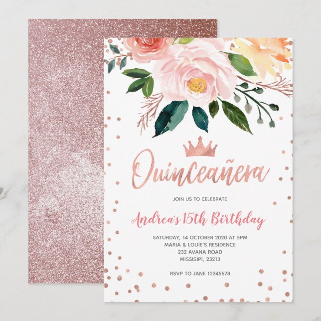 Floral Rose Gold Mexican Quinceañera Birthday Invitation (Front/Back)