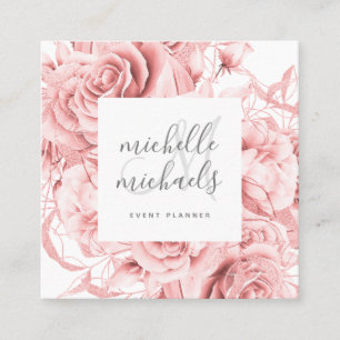 Floral Rose Gold Modern Script Monogram  Square Business Card