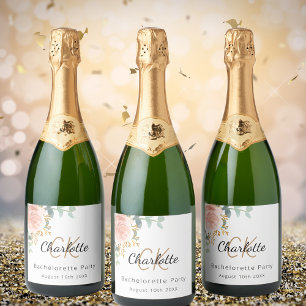 Floral rose gold monogram Bachelorette Party Sparkling Wine Label