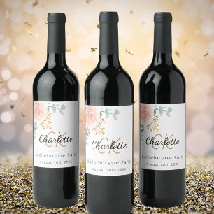 Floral rose gold monogram Bachelorette Party Wine Label