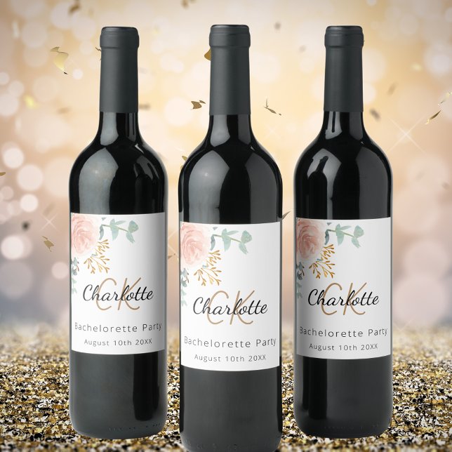 Floral rose gold monogram Bachelorette Party Wine Label (Creator Uploaded)