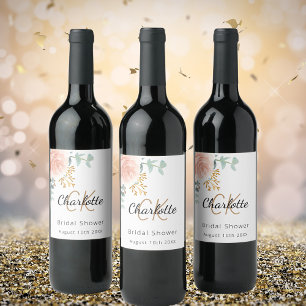 Floral rose gold monogram bridal shower wine label
