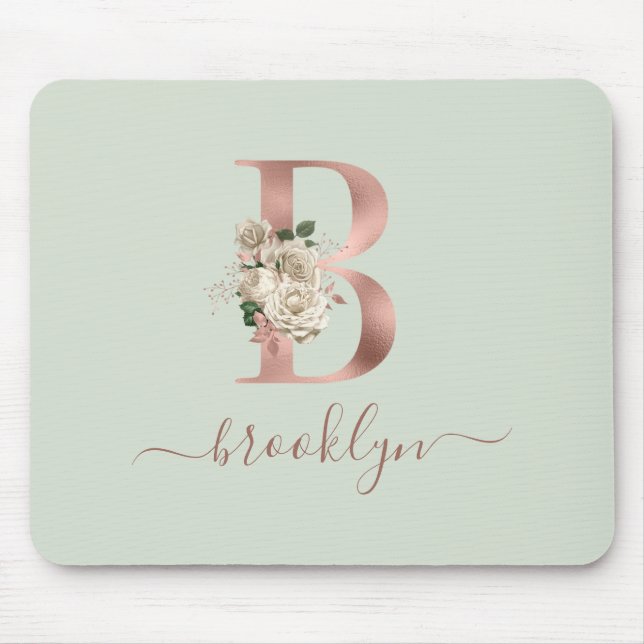 Floral Rose Gold Monogram Letter "B" Sage Green Mouse Pad (Front)