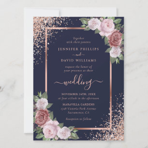 Floral Rose Gold Navy Blue Blush Pink Wedding Invitation