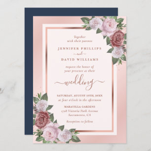 Floral Rose Gold Navy Blue Blush Wedding Invitation