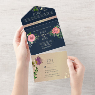 Floral Rose Gold Navy Blue Photo Wedding  All In One Invitation
