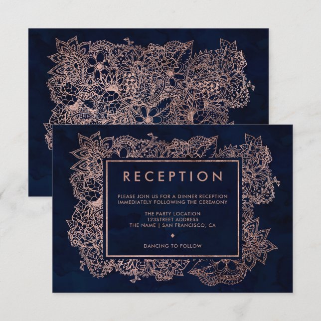 Floral rose gold navy watercolor reception wedding invitation (Front/Back)
