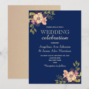 Floral Rose Gold Navy Wedding Invitation