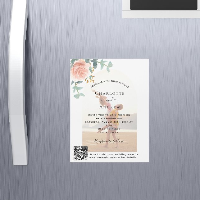 Floral rose gold photo arch QR code luxury wedding Magnetic Invitation (Creator Uploaded)