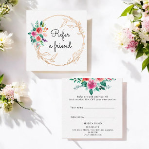 Floral Rose Gold Pink Watercolor Flowers White Referral Card