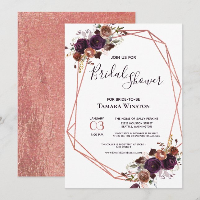 Floral Rose Gold Purple Geometric Bridal Shower Invitation (Front/Back)