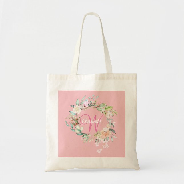 Floral Rose Gold Script Monogram Pink Tote Bag (Front)