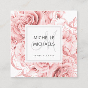 Floral Rose Gold Simple Script Monogram Square Business Card