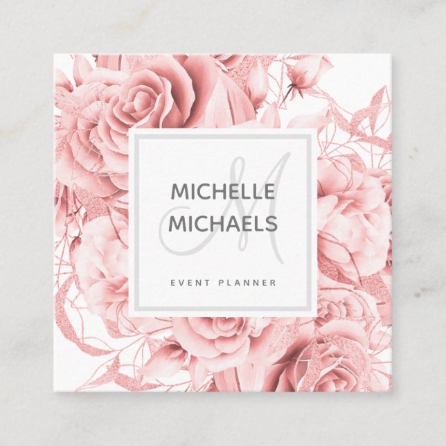 Floral Rose Gold Simple Script Monogram Square Business Card (Front)