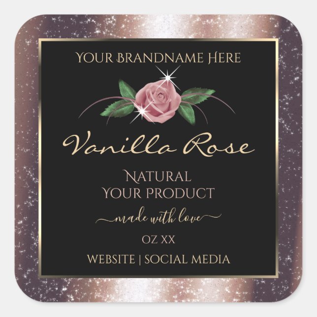Floral Rose Gold Soft Glitter Black Product Labels (Front)
