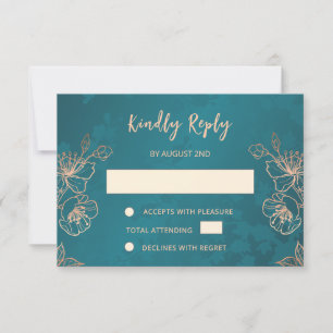 Floral Rose Gold Teal Wedding RSVP Card