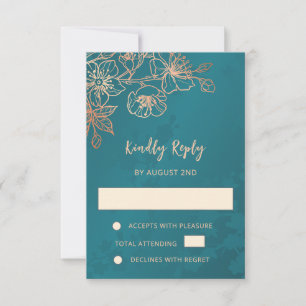 Floral Rose Gold Teal Wedding RSVP Card