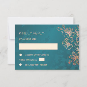 Floral Rose Gold Teal Wedding RSVP Card