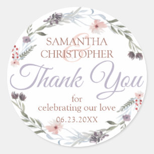 Floral Rose Gold Violet Script Wedding Thank You Classic Round Sticker