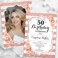 Floral Rose Gold White Photo 50th Birthday