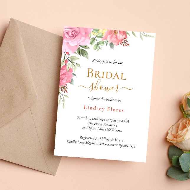 Floral Rose Greenery Gold Bridal Shower Invitation (Creator Uploaded)