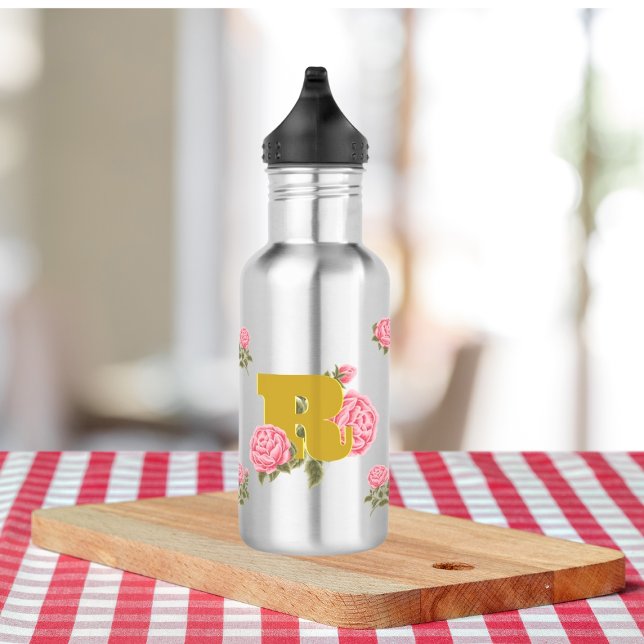 Floral Rose Initial Letter Monogram Name Couple 532 Ml Water Bottle (Creator Uploaded)