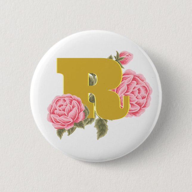 Floral Rose Initial Letter Monogram Name Couple 6 Cm Round Badge (Front)