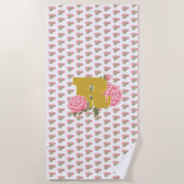 Floral Rose Initial Letter Monogram Name Couple Beach Towel (Front)