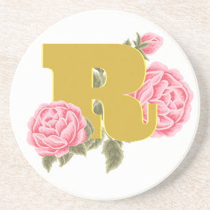 Floral Rose Initial Letter Monogram Name Couple Coaster