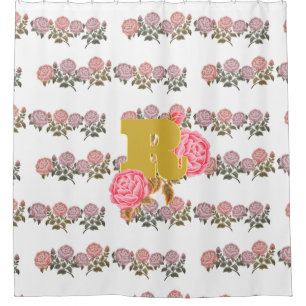 Floral Rose Initial Letter Monogram Name Couple Shower Curtain