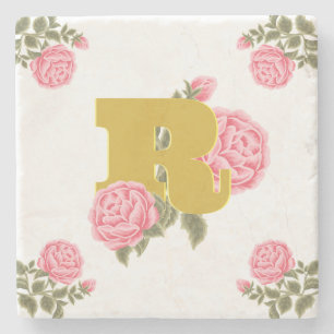 Floral Rose Initial Letter Monogram Name Couple Stone Coaster