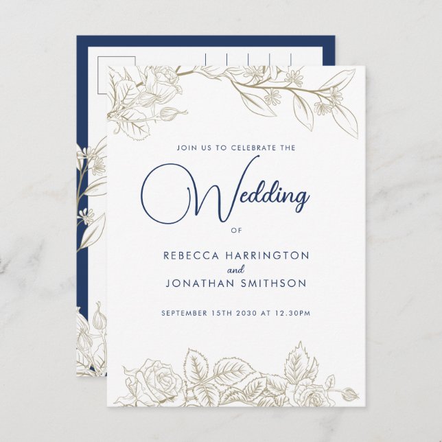 Floral Rose Navy Blue Gold Wedding Invitation Postcard (Front/Back)