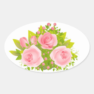 Floral Rose Pink & Green Flowers Wedding Oval Sticker