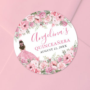 Floral Rose Pink Quinceanera Classic Round Sticker
