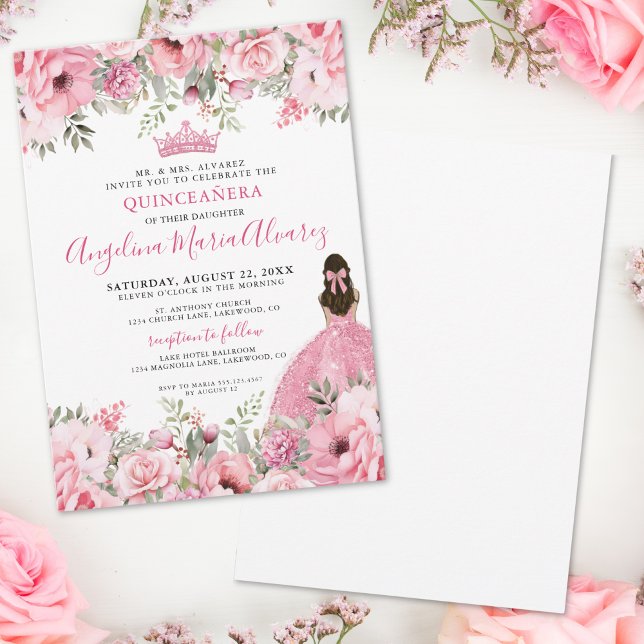 Floral Rose Pink Quinceanera Invitation (Floral Rose Pink Quinceanera Invitation)