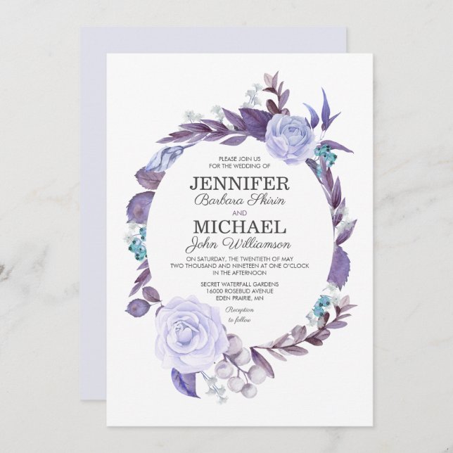 Floral Rose Purple Leaves Wreath Wedding Invitation (Front/Back)