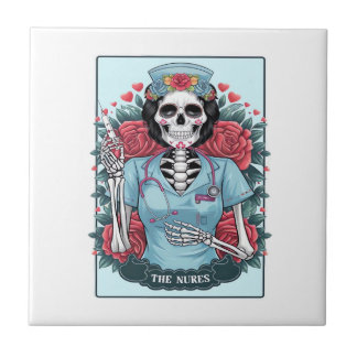 Floral Rose Skeleton Nurse Tarot Card Halloween Es Tile