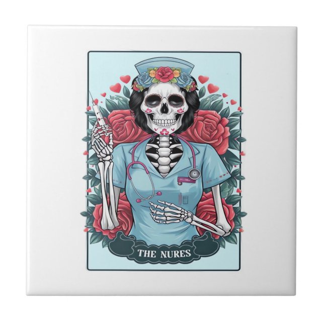 Floral Rose Skeleton Nurse Tarot Card Halloween Es Tile (Front)