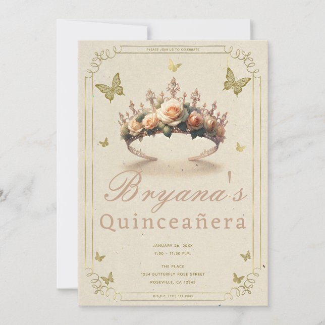 Floral Rose Tiara & Gold Butterflies Quinceañera Invitation (Front)