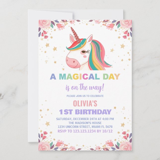 Floral Rose Unicorn Birthday Invitations (Front)