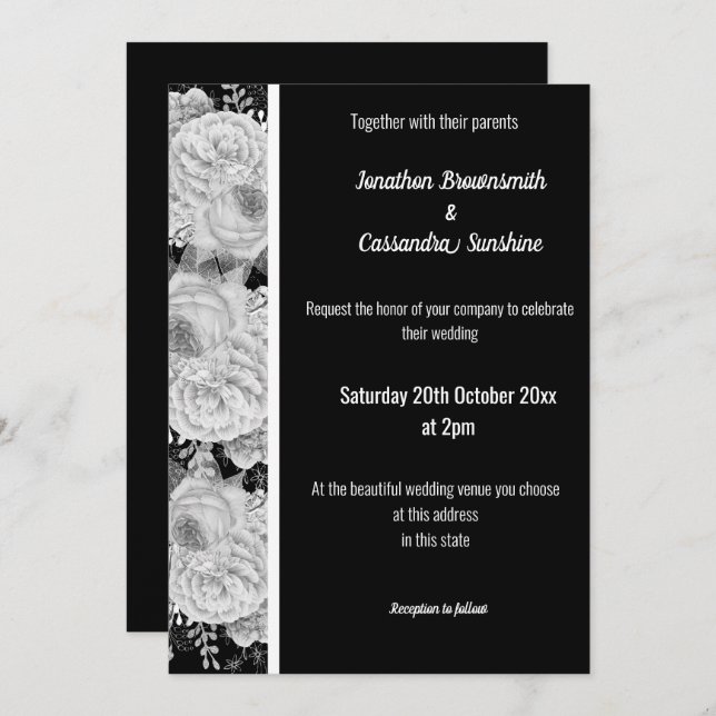 FLORAL ROSE WHITE BLACK SILVER TRIM WHITE WEDDING INVITATION (Front/Back)