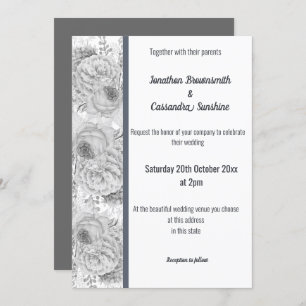 FLORAL ROSE WHITE  SILVER TRIM WHITE WEDDING INVITATION