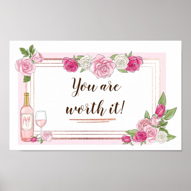 Floral Rose Wine Pink Gold frame with quote Poster (Front)