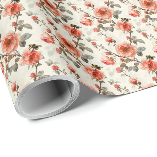 Floral Rose with Bumble Bee Botanical Gift Wrap (Roll Corner)