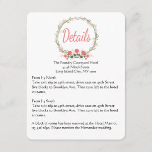 Floral Rose Wreath Pink Red Details Directions Enclosure Card