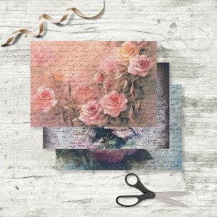 Floral Roses Antique Handwriting Decoupage Variety Wrapping Paper Sheet