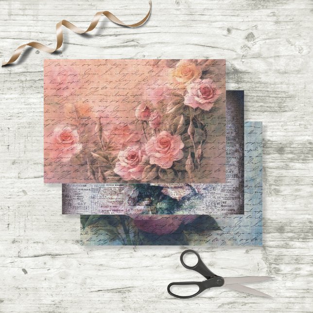 Floral Roses Antique Handwriting Decoupage Variety Wrapping Paper Sheet (3 different designs, see all the images here.)