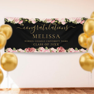 Floral Roses Black And Gold Script Graduation Banner