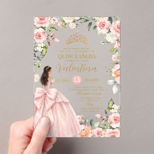 Floral Roses Blush Pink Quinceañera 15th birthday Acrylic Invitations